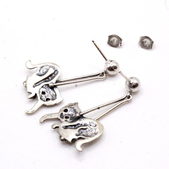 Sterling Silver Contemporary Cat Long Dangle Post Back Earrings - Picture 7 of 7